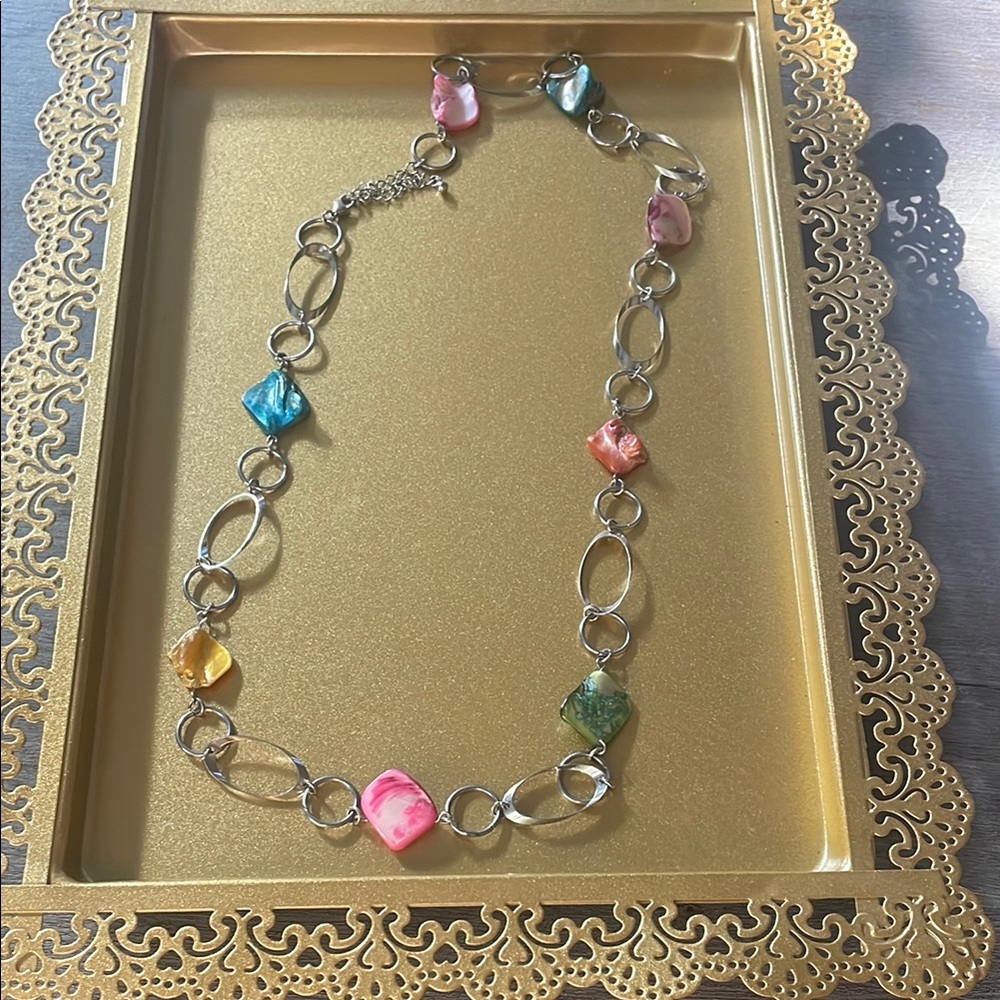 Colorful Gemstone Silver Tone Hoop Chain Necklace 30 inches